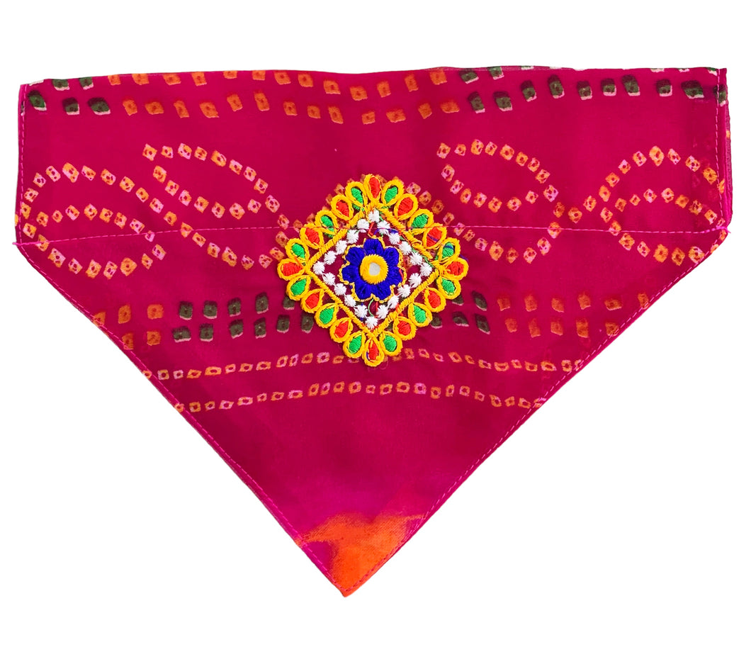 Traditional Bandhani Dog Bandana with Embroidery (Pink)