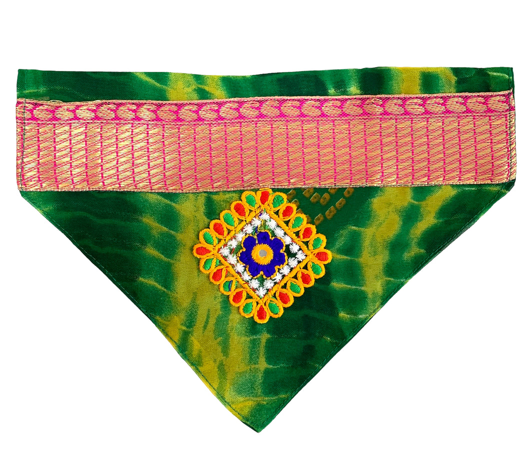 Navratri Dog Bandana: Bandhani Pet Bandana with Gujarati Embroidery (Green)