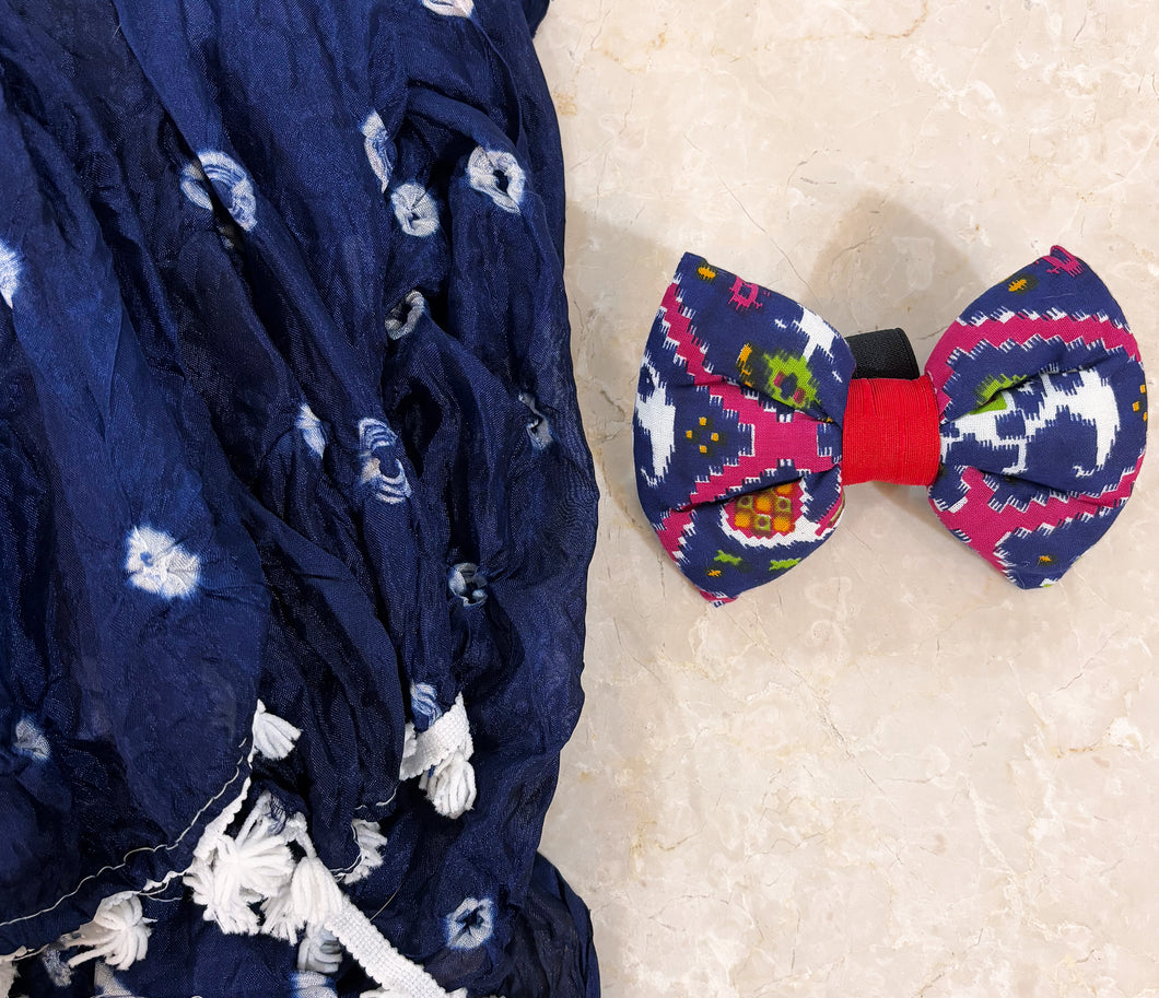 Holi Outfit for Dog and Mom: Matching Dog Bow Tie and Bandhani Dupatta (Blue)