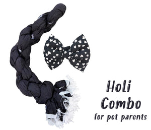 Holi Outfit for Dog and Mom: Matching Dog Bow Tie and Bandhani Dupatta (Black)