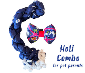 Holi Outfit for Dog and Mom: Matching Dog Bow Tie and Bandhani Dupatta (Blue)