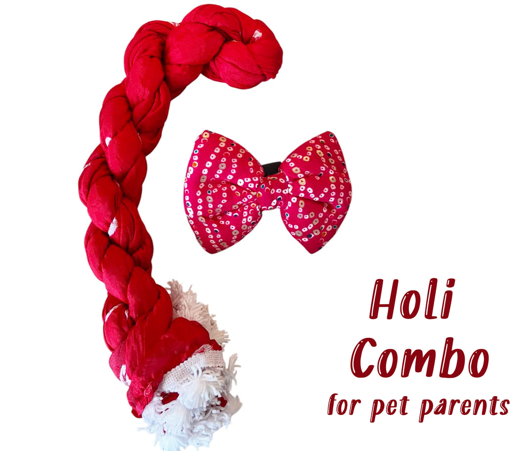 Holi Outfit for Dog and Mom: Matching Dog Bow Tie and Bandhani Dupatta (Red)