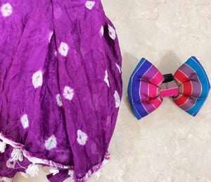 Holi Outfit for Dog and Mom: Matching Dog Bow Tie and Bandhani Dupatta (Purple)