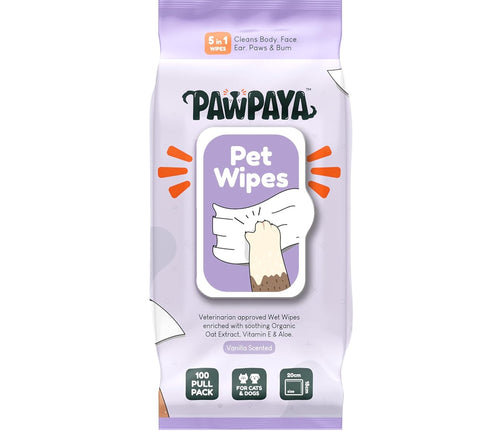 Pawpaya Vanilla Pet Wipes for Dogs & Cats | 5-in-1 Aloe Vera, Oat Extract & Vitamin E Grooming Wipes | Soft Cleaning Wipes for Paws, Face, Ears & Coat