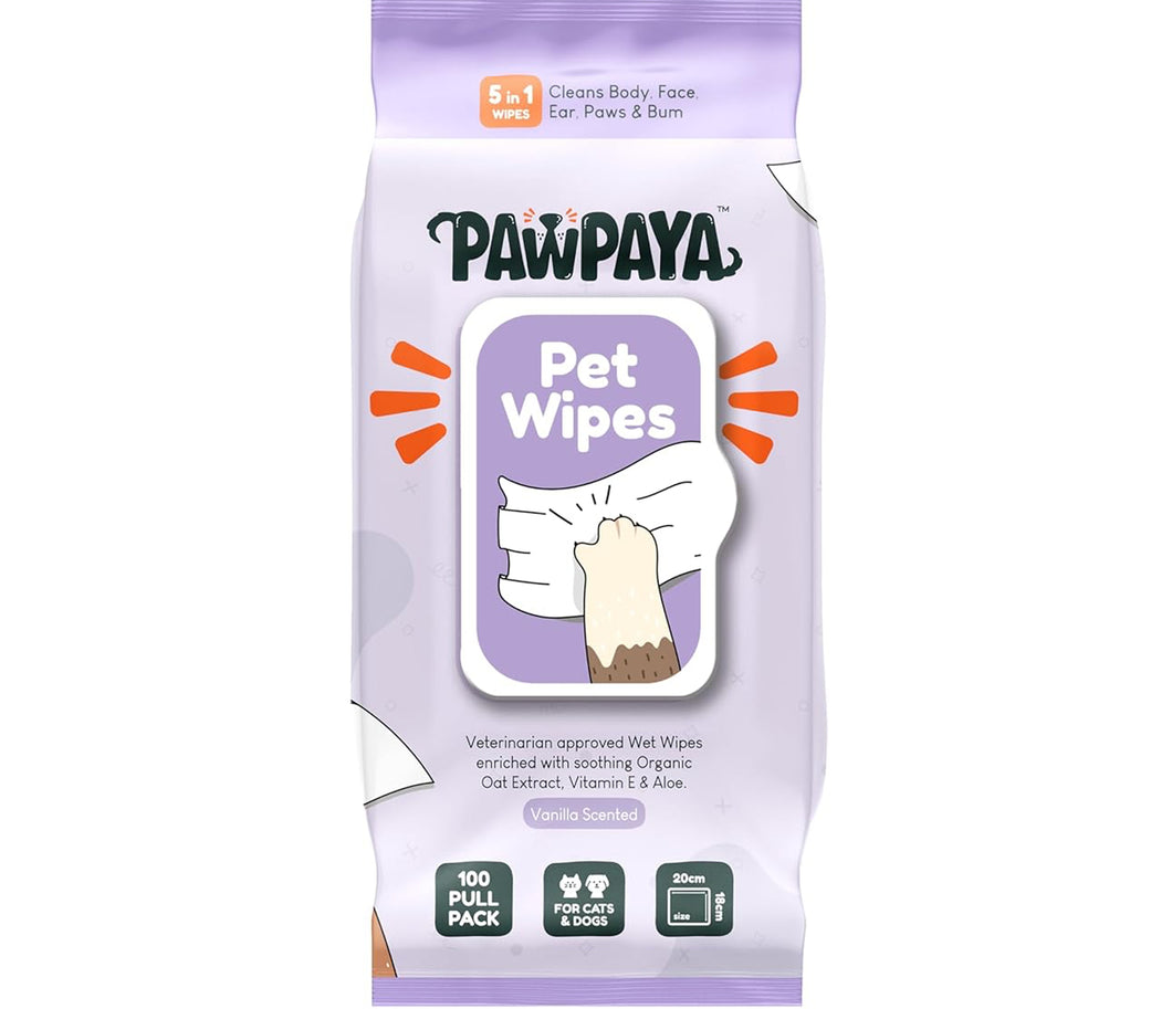 Pawpaya Vanilla Pet Wipes for Dogs & Cats | 5-in-1 Aloe Vera, Oat Extract & Vitamin E Grooming Wipes | Soft Cleaning Wipes for Paws, Face, Ears & Coat