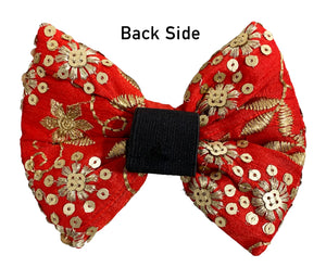 Traditional Red Dog Bow Tie with Gold Embroidery for Diwali and Weddings