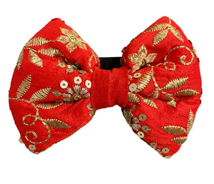 Traditional Red Dog Bow Tie with Gold Embroidery for Diwali and Weddings
